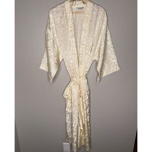Lord & Taylor Robe Womens Ivory Satin Jacquard Floral Belted Bridal XL READ SIZE